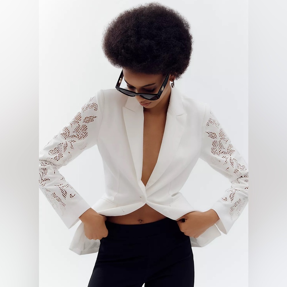 Anthropologie Dolan Left Coast Linen Blend Cutwork-Sleeve Blazer in White